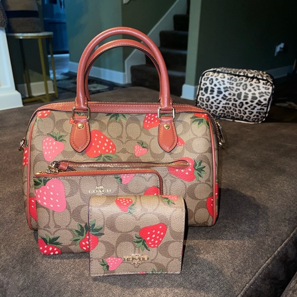 Coach Brown Signature Canvas Satchel with Red Strawberry Print and Red Trim Set - Picture 2 of 5